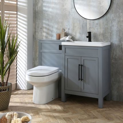 Set de Baño con Mueble de Lavabo Tradicional de Color Gris Claro - 600mm - Completo con Lavabo y Mueble para WC con Inodoro Adosado Covelly - Manijas en Distintas Estilos y Acabados - Warwick