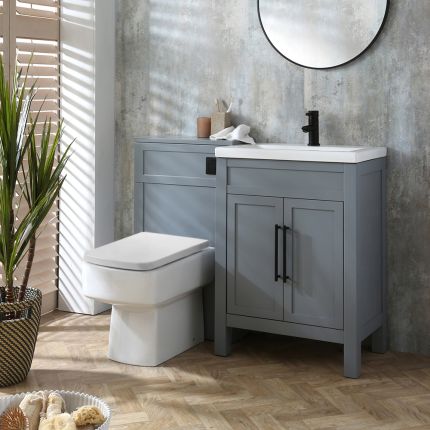 Set de Baño con Mueble de Lavabo Tradicional de Color Gris Claro - 600mm - Completo con Lavabo y Mueble para WC con Inodoro Adosado Sandford- Manijas en Distintas Estilos y Acabados - Warwick