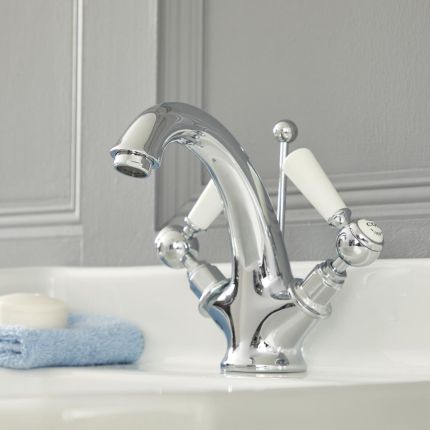 Grifo Mezclador para Lavabo Monoforo Tradicional Cromado y Blanco con Manijas a Palanca - Elizabeth