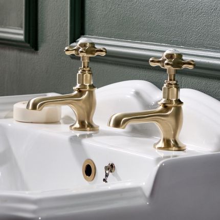 Hudson Reed Elizabeth - Par de Grifos Tradicionales Individuales para Lavabo con Manijas en Cruceta - Oro Satinado 