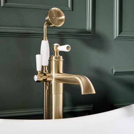 Grifo Mezclador para Bañera Exenta Tradicional con Telefonillo - Oro Satinado - Elizabeth