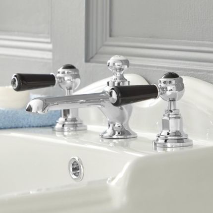 Grifo Mezclador para Lavabo de 3 Agujeros Estilo Tradicional Color Cromado y Negro Manijas a Palanca - Elizabeth