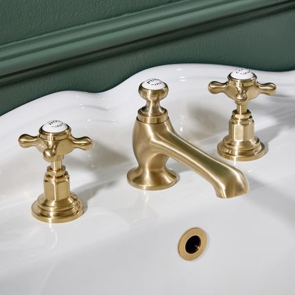 Hudson Reed Elizabeth - Grifo Mezclador para Lavabo de 3 Agujeros en Estilo Tradicional con Manijas en Cruceta  - Oro Satinado 