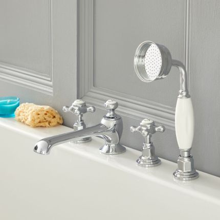 Grifo Mezclador para Bañera de 4 Agujeros Estilo Tradicional Manijas en Cruceta Disponible en Distintos Acabados - Elizabeth