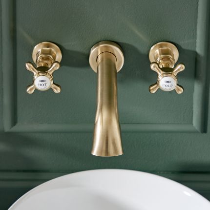 Hudson Reed Elizabeth - Grifo Mezclador de Pared de 3 Agujeros Tradicional para Lavabo con Manijas en Cruceta - Oro Satinado 
