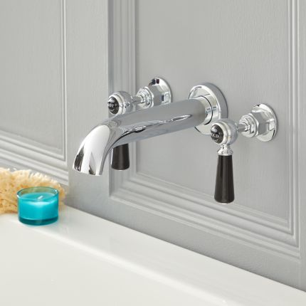 Grifo Mezclador de Pared de 3 Agujeros Tradicional para Bañera Color Cromado y Negro Manijas a Palanca -  Elizabeth