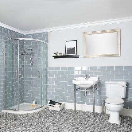 Conjunto Tradicional para Cuarto de Baño Completo con Mampara de Ducha Angular, Inodoro Monobloque y Lavabo Consola con Estructura - Richmond