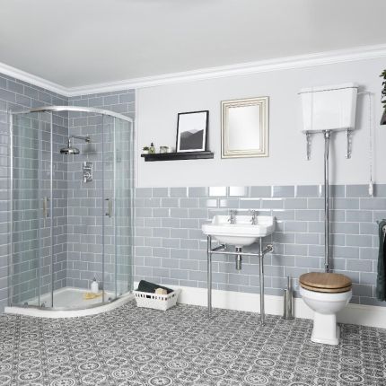 Conjunto de Baño Tradicional Completo con Mampara de Ducha Angular, Inodoro, Cisterna Alta y Consola - Richmond
