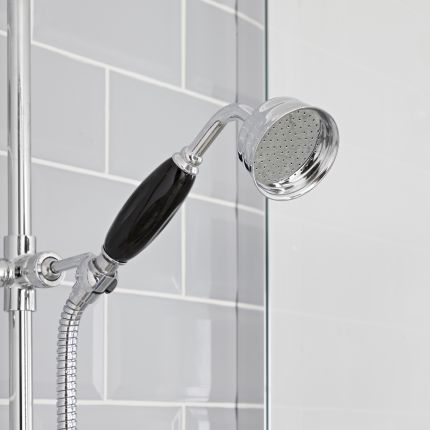 Columna de Ducha Tradicional con Mezclador Termostático de 3 Funciones, Alcachofa, Telefonillo y Llenador de Bañera Cromado y Negro - Elizabeth