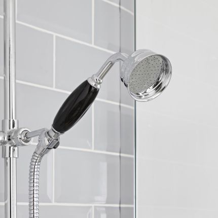 Columna de Ducha Tradicional con Barra Deslizante, Mezclador de Ducha Termostático Expuesto de 2 Funciones con Alcachofa de Ducha con Acabado Cromado y Negro - Elizabeth