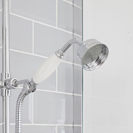 Columna de Ducha Tradicional con Mezclador de Ducha Termostático de 3 Funciones, Alcachofa de Ducha, Telefonillo y Llenador de Bañera Cromado y Blanco - Elizabeth