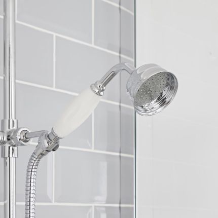 Hudson Reed Elizabeth - Columna de Ducha Tradicional con Barra Deslizante, Mezclador de Ducha Termostático Expuesto de 2 Funciones- Cromado y Blanco