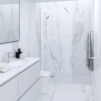 Mampara de Ducha de Obra para Recoveco Completa con Perfilería Cromada y Plato de Ducha Efecto Piedra - RAK Feeling x Hudson Reed