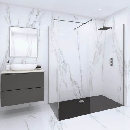 Mampara de Ducha de Obra Angular Completa con Perfilería de Color Negro Opaco y Plato de Ducha Efecto Piedra - RAK Feeling x Hudson Reed