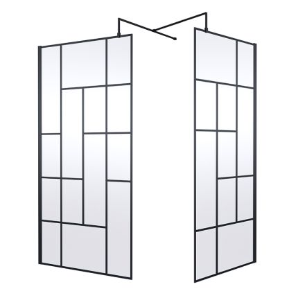 Mampara de Ducha Walk In con Pared a Cuadrícula Negra Abstracta Completa con Plato de Ducha -  Disponible en Distintas Medidas y con Opción de Panel Antisalpicaduras