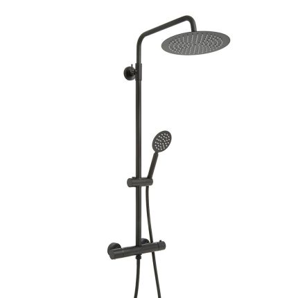 Columna de Ducha con Mezcladora de Ducha Termostático en Barra en Estilo Moderno con Alcachofa de Ducha Redonda y Telefonillo de Ducha - Negra - Nox