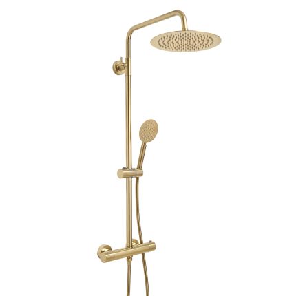 Columna de Ducha con Mezclador de Ducha Termostático en Barra Moderno con Alcacahofa de Ducha Redonda y Telefonillo - Oro Satinado - Ayanna