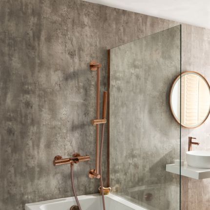 Mezclador de Ducha Termostático Moderno en Barra con Diseño Redondo Completo con Caño Erogador para Bañera, Telefonillo de Ducha y Barra de Ducha Deslizante - Disponible en Distintos Acabados - Arlo