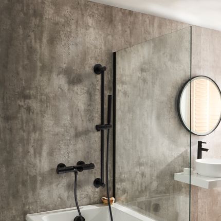 Mezclador de Ducha Termostático Moderno en Barra con Diseño Redondo Completo con Caño Erogador para Bañera, Telefonillo de Ducha y Barra de Ducha Deslizante - Disponible en Distintos Acabados - Arlo