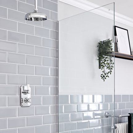 Mezclador de Ducha Termostático Tradicional de 1 Función Completo con Alcachofa de Ducha de 150mm y Brazo de Ducha Techo con Acabado Cromado y Blanco - Elizabeth