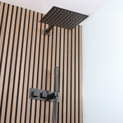 Ducha Termostática con Desviador, Alcachofa de Ducha de 300mm y Telefonillo de Ducha (2 Salidas) - Negro - Preto