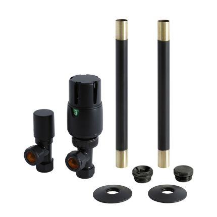 Conjunto con Llaves para Radiador Termostáticas Angulares Modernas y Kit con Conector - Negro