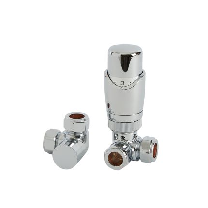 Par de Llaves Angulares Cromadas de Esquina  para Radiador con Cabezal Termostático Cromado para Tubos de Cobre de 15mm