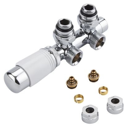 Llaves Angulares Cromadas para Radiador y Radiador Toallero de Conexión Central Completas con Cabezal Termostático Blanco y Multi Adaptador para Tubos Pex o Multicapa de 14mm - Multiblock H