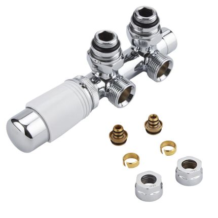 Llaves Angulares Cromadas Termostáticas para Radiador y Toallero con Conexión Central con Cabezal de Color Blanco y Multi Adaptador para Tubos de 16mm - Multiblock H