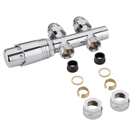 Llaves Rectas Cromadas para Radiador y Toallero con Conexión Central Completas con Cabezal Termostático Cromado y Adaptadores para Tubos de Cobre 14mm - Multiblock H