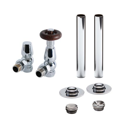 Llaves para Radiador Tradicionales Termostáticas Angulares Radiator y Kit Cubre Tubos - Disponible en Distintos Acabados - Regent