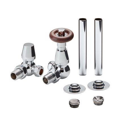 Llaves para Radiador Termostáticas Tradicionales de Esquina y Kit Cubre Tubos -Disponible en Distintos Acabados - Regent