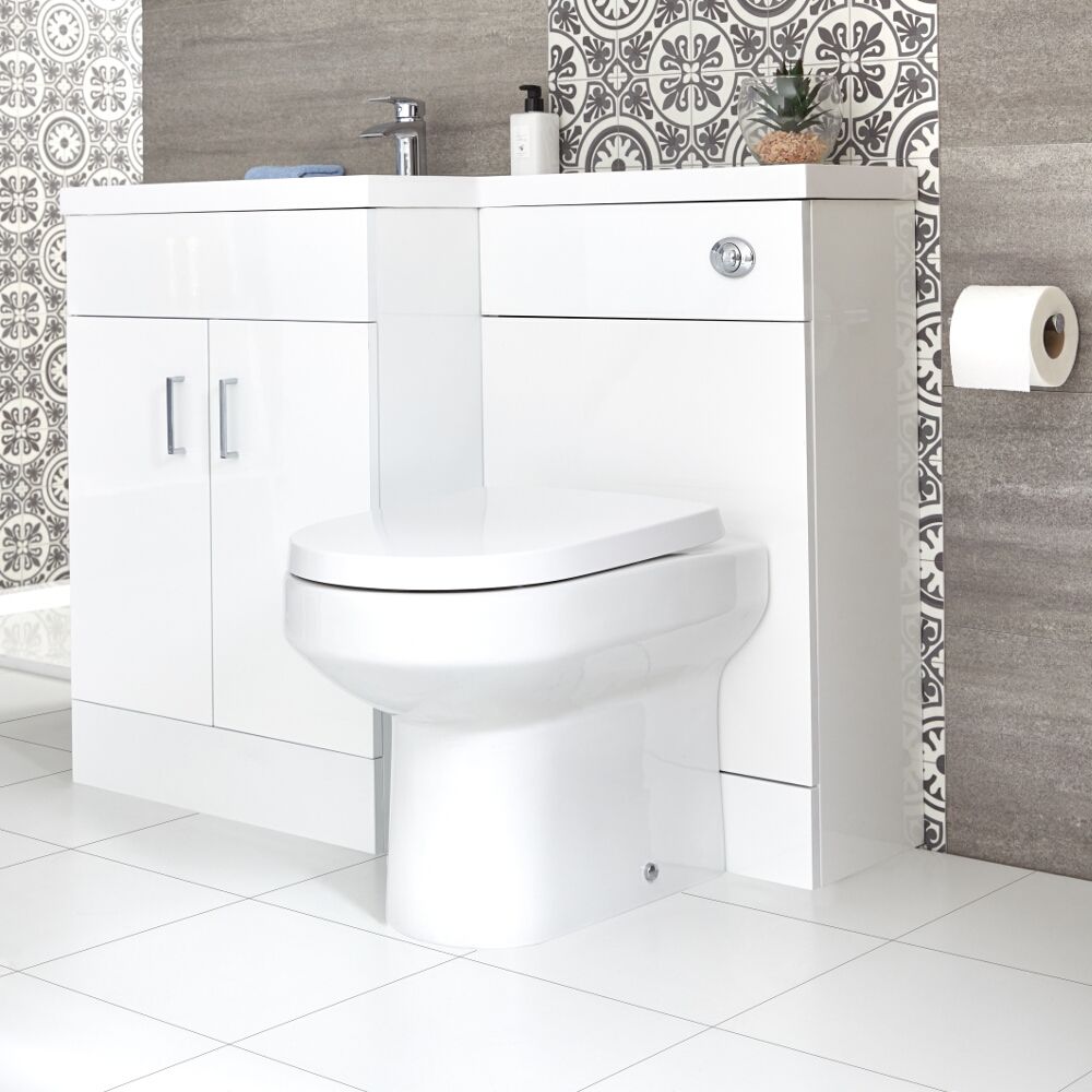 Conjunto de Baño Moderno Color Blanco Completo con Mueble de Lavabo en Versión Izquierda, Inodoro Integrado y Cisterna - Cluo