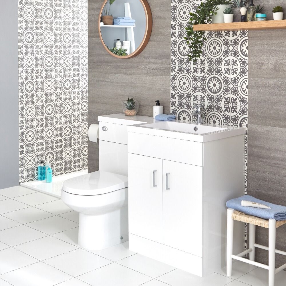 Conjunto de Baño Moderno Color Blanco Completo con Mueble de Lavabo en Versión Derecha, Inodoro Integrado y Cisterna - Geo