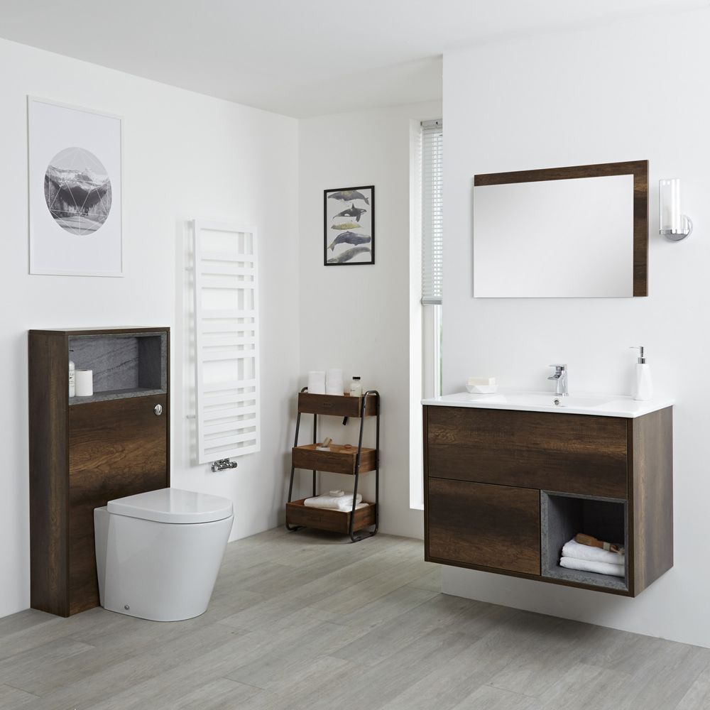 Conjunto de Baño con Diseño Abierto de Color Roble Oscuro Completo con Mueble Para Lavabo de 800mm, Lavabo, WC y Cisterna - Hoxton