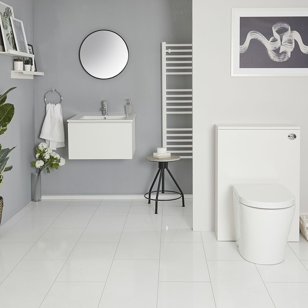 Mueble de Baño de 600mm Color Blanco Opaco Completo con Cisterna, Inodoro y Lavabo Disponible con Opción LED- Newington