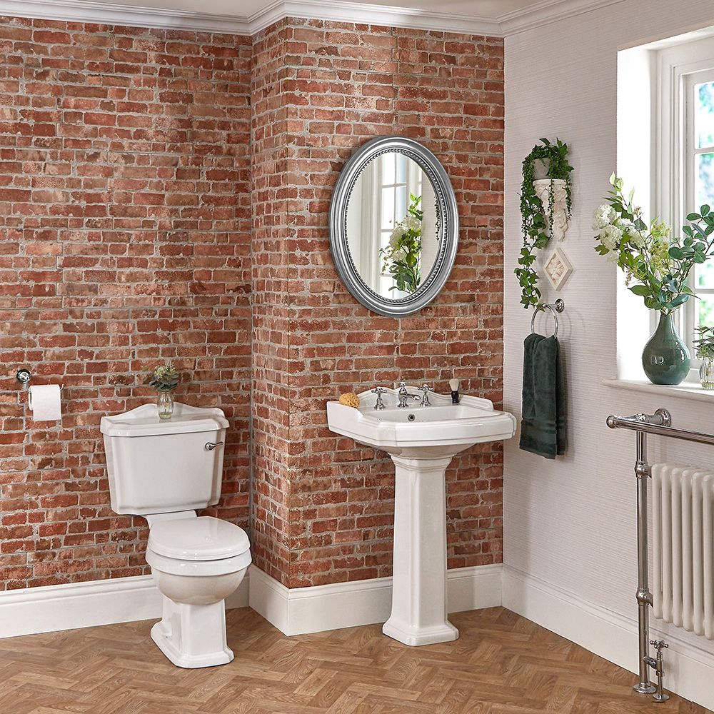 Conjunto de Baño Clásico con Inodoro WC, Cisterna, Lavabo para Grifería de 3 Agujeros y Pedestal de Cerámica Blanca con Tapa de WC - Regent