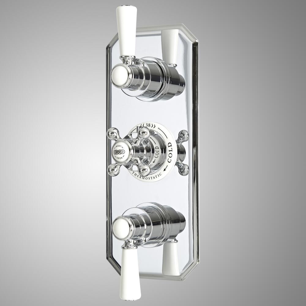 Mezclador de Ducha Termostático Empotrable Tradicional de 3 Salidas con Diseño Triple con Desviador Cromado y Blanco - Elizabeth