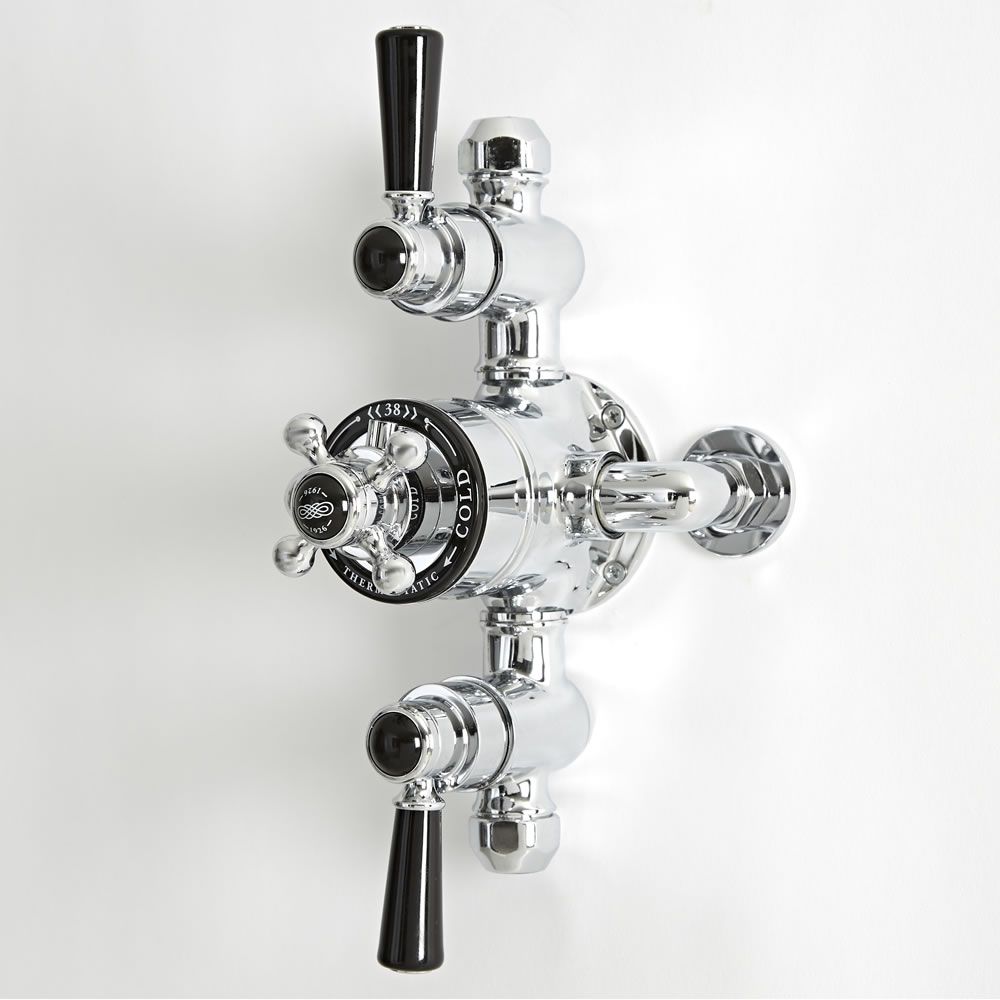 Mezclador de Ducha Tradicional Termostático Expuesto de 2 Salidas de Diseño Triple con Acabado Cromado y Negro - Elizabeth