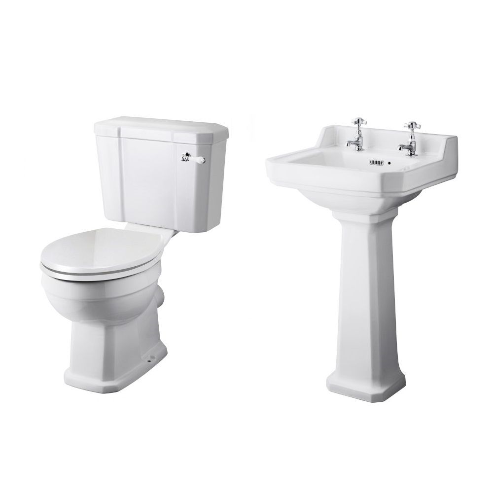 Conjunto de Baño Clásico con Inodoro WC, Cisterna, Lavabo Monoforo y  Pedestal de Cerámica Blanca con Tapa de WC - Regent