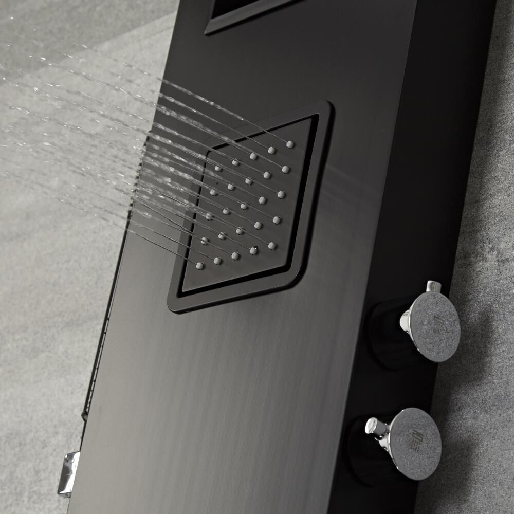 Panel de Ducha Termostático Negro de 3 Funciones 1450x245x495mm con Erogador  Integrado, Repisa y Ducha de Mano con Flexo de Ducha - Stamford