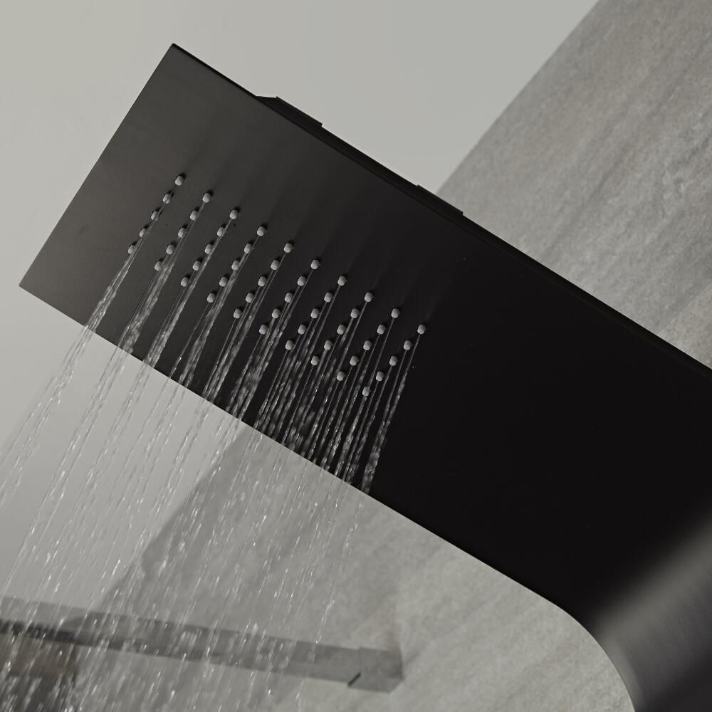 Panel de Ducha Termostático Negro de 3 Funciones 1450x245x495mm con  Erogador Integrado, Repisa y Ducha de Mano con Flexo de Ducha - Stamford