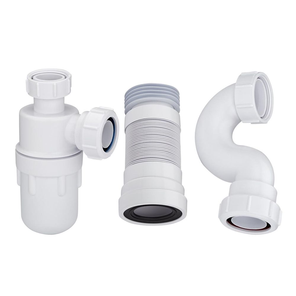 Conjunto con Sifón de Botella para Lavabo con Pedestal, Sifón para Bañera Estándar y Manguito Conector para WC Adosado  - Cranplas