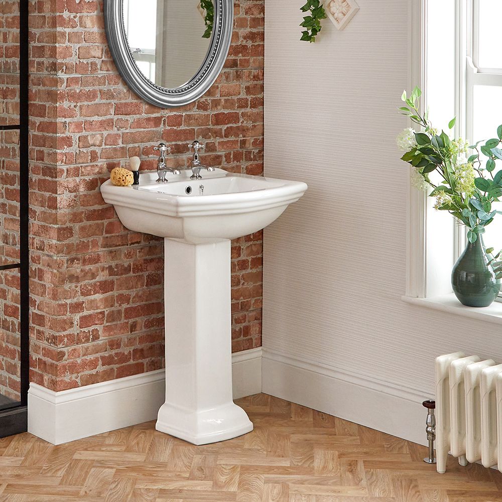Lavabo de 2 Agujeros con Pedestal de Cerámica Blanca Tradicional con Diseño Cuadrado - Chester