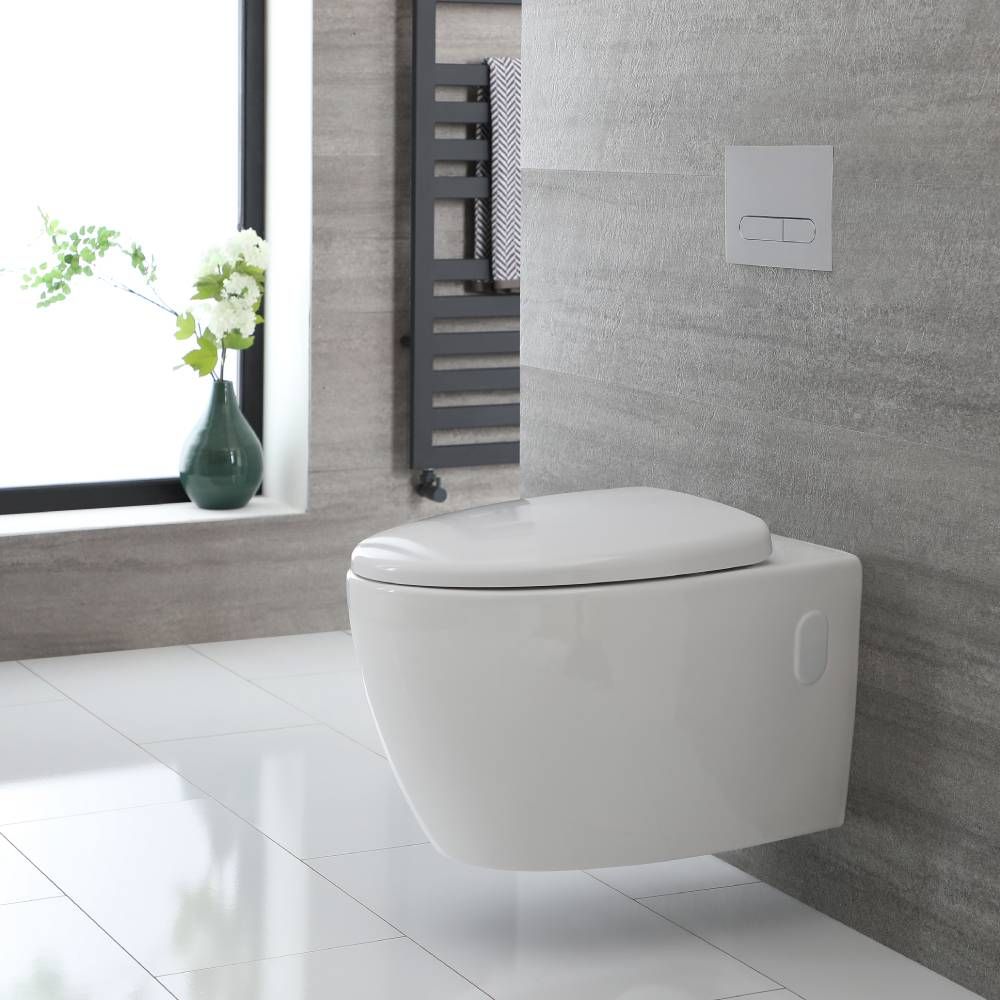 Inodoro WC Oval Moderno Suspendido sin Brida 340x380x570mm con Tapa de WC con Cierre Amortiguado – Kenton
