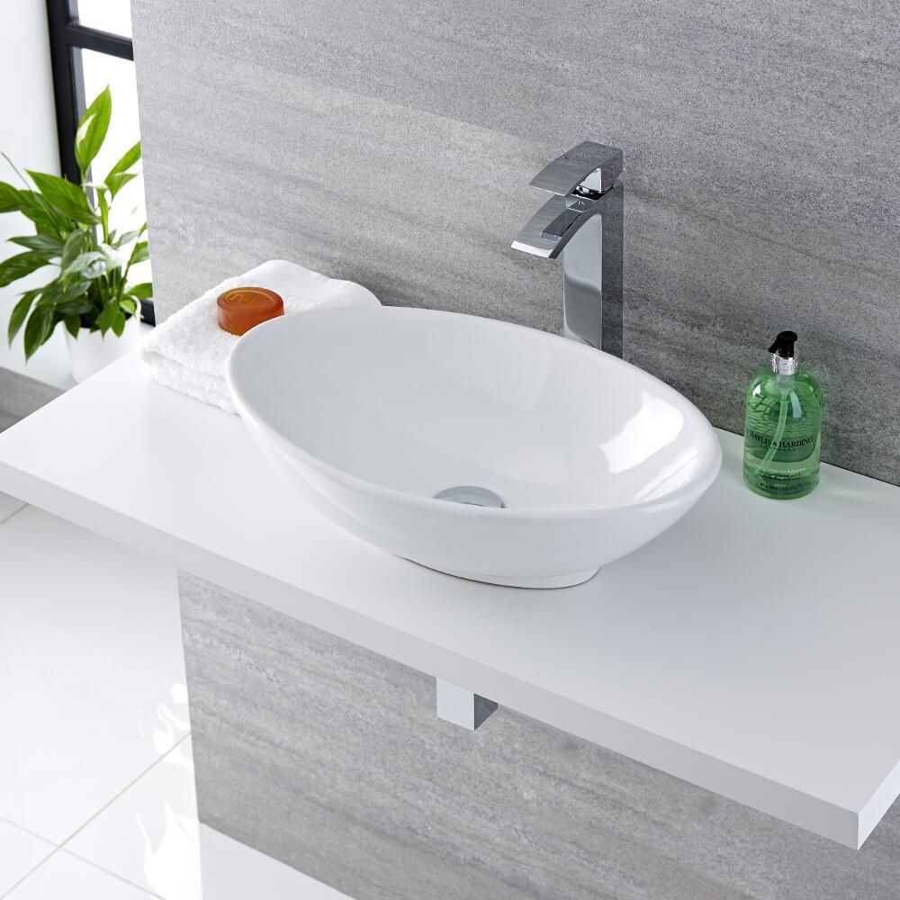 Lavabo Sobre Encimera Oval de Cerámica 520x320mm con Grifo Mezclador de Lavabo Monoforo - Kenton