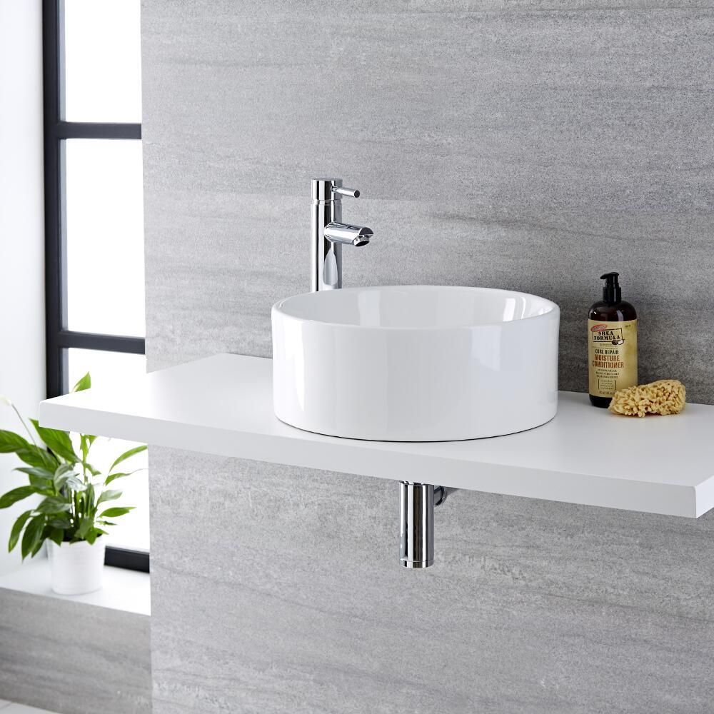 Lavabo Sobre Encimera Redondo de Cerámica 400x400mm con Grifo Mezclador Alto para Lavabo