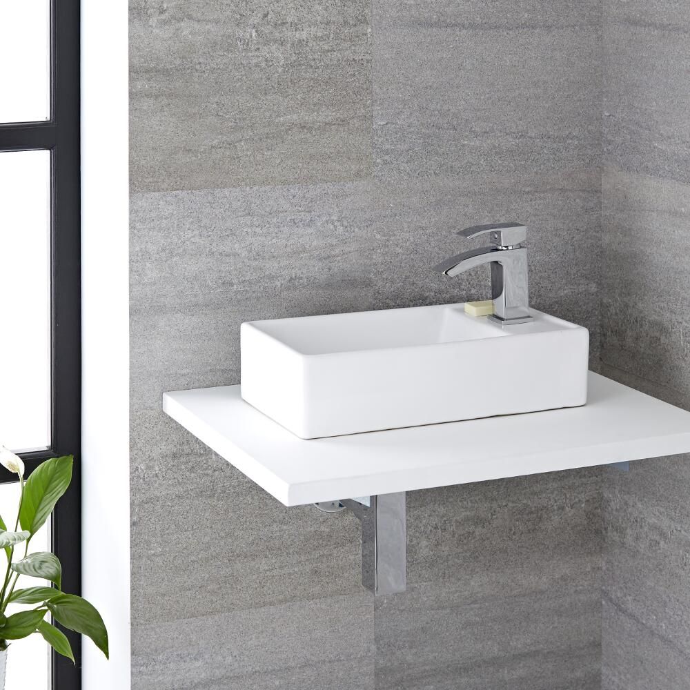 Lavabo Sobre Encimera o Suspendido Rectangular de Cerámica 400x220mm con Mini Mezclador de Lavabo - Halwell
