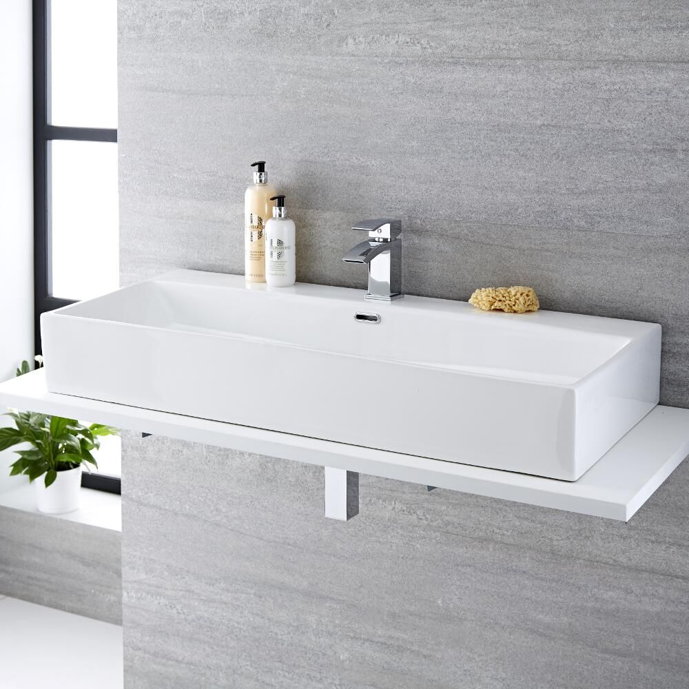 Lavabo Suspendido Sobre Encimera Rectangular de Cerámica 1000x420mm con Mini Mezclador de Lavabo - Sandford