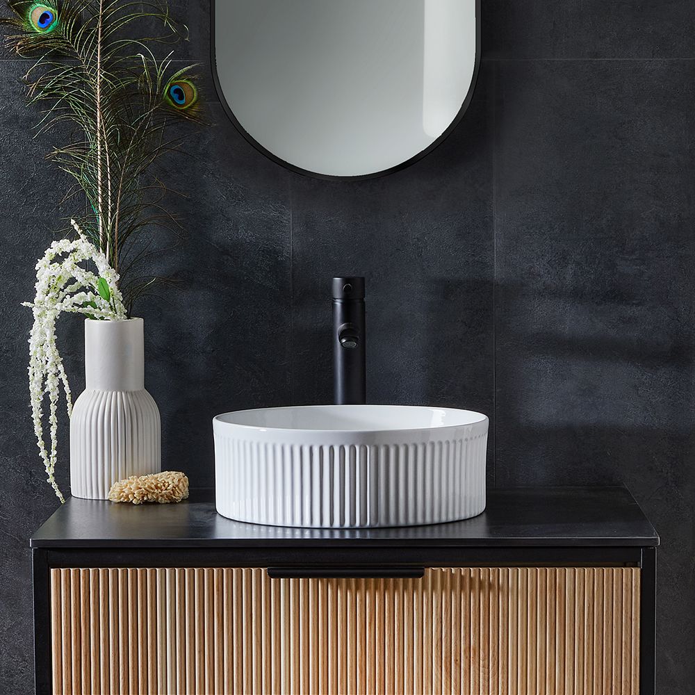 Lavabo Sobre Encimera Redondo con Borde Acanalado Blanco - 370mm (Sin Agujeros para la Grifería) - Florence